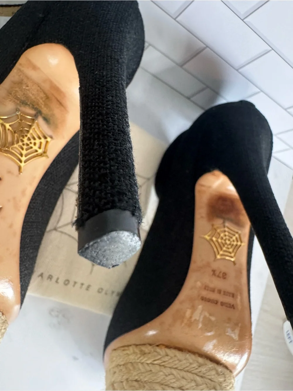 Charlotte Olympia Black Ankle-Strap Platforms Heels Pumps. Linen. Size 37.5